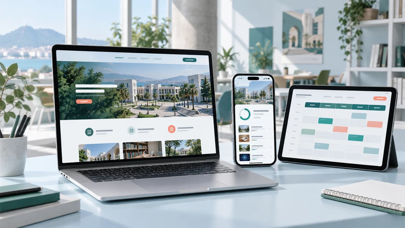 Concept illustration of an education website and app on desktop and mobile.